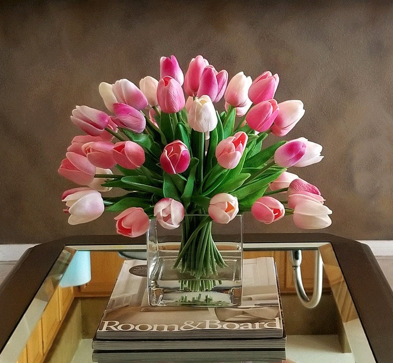 Faux Pink Tulips Arrangement in Square Glass Containerreal Etsy