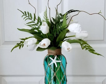 Coastal Blue Aqua Floral Arrangement in Aqua Blue Vase-Coastal Cottage Silk Tulips Arrangement-Ocean Blue Coastal Tulips Decor-White Tulips