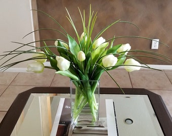 White Real Touch Flowers Centerpiece-White Tulips Spring Table Arrangement-Real Touch Tulips-White Tulips Table Centerpiece-Spring Tulips