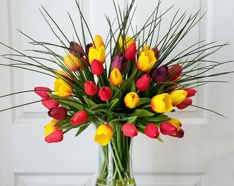 Real Touch Flowers Centerpiece-Faux Floral Arrangement-Arrangement-Silk faux arrangement-Orange/Red/Burgundy Real Touch Tulips
