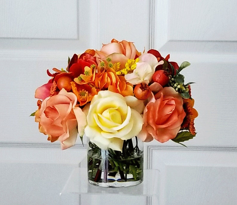 Fall Silk Flowers Centerpiece-Artificial Flowers-Thanksgiving Flowers Centerpiece-Faux Autumn Arrangement-Orange/Yellow Flowers Centerpiece image 4