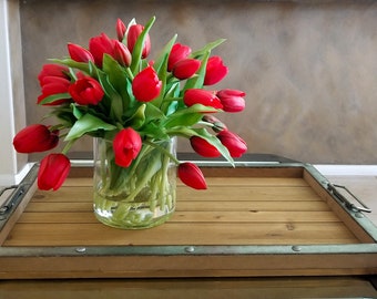 Red Real Touch Flowers Centerpiece-Red Tulips Spring Table Arrangement-Red Real Touch Tulips-Red Tulips Table Centerpiece