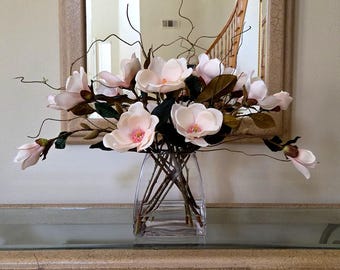 Real Touch Magnolia Arrangement-Large Coral Magnolia Dinning-room Centerpiece-Natural Touch Flowers-Modern Silk Flowers Arrangement