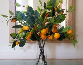 Lemon Branches in glass vase, Modern farmhouse décor,Lemon Branches Arrangement,Yellow Lemon Branches Centerpiece in a Blue vase,Tabel décor