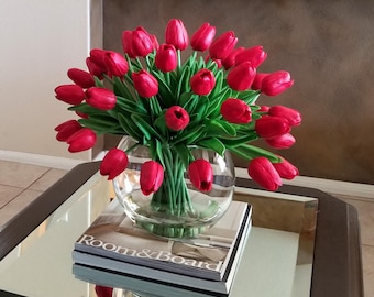 Table Arrangement-Red Tulips Arrangement for Dinning table-Real Touch Flowers Centerpiece-Faux Floral Arrangement-Silk faux-Red Tulips