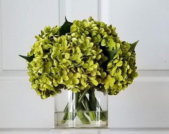 Large SILK Green Hydrangea Arrangement in Cylinder Glass Vase-Modern Farmhouse Decor-Flower Hydrangea-Green Fall Arrangement-Silk flowers