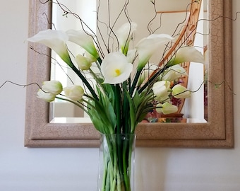 Large Size White Tulips/Lillis Centerpiece-White Large Size Tulips Spring Dining-Room Arrangement-Real Touch Tulips-Table Centerpiece