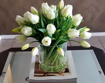 Large White Real Touch Flowers Centerpiece-White Tulips Spring Table Arrangement-Real Touch Tulips-White Table Centerpiece-Spring Tulips