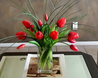 Red Real Touch Flowers Centerpiece-White/Red Tulips Spring Table Arrangement-Real Touch Tulips-White Tulips Table Centerpiece-Spring Tulips