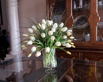 Large White Real Touch Flowers Centerpiece-White Tulips Spring Table Arrangement-Real Touch Tulips-White Table Centerpiece-Silk flowers