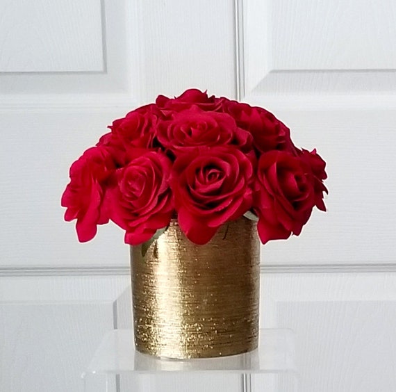 Red Roses Floral Arrangement In Gold Etched Vase Red Roses Etsy