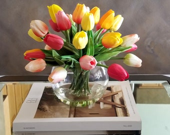 Real Touch Flowers Centerpiece-Orange/Red Faux Floral Arrangement-Arrangement-Silk faux arrangement-Pink tulips-Real Touch Tulips