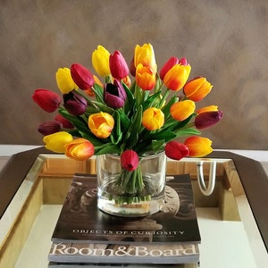 Real Touch Flowers Centerpiece-Orange/Red Faux Floral Arrangement-Arrangement-Silk faux arrangement-Pink tulips-Real Touch Tulips