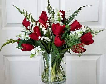 Red/White Real Touch Flowers Centerpiece-Tulips Spring Table Arrangement-Red Real Touch Tulips-Tulips Table Centerpiece-Tulips Bouquet