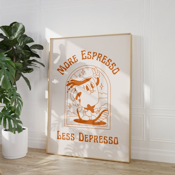 Mehr Espresso Less Depresso Print, Weihnachtsgeschenkidee, Retro Zitat Wanddruck, Küche Wanddekor, Kaffee Kunst Poster, Trendige Wandkunst