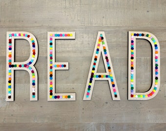 Pom Pom read word sign, Colorful playroom sign, Pom Pom Letters for play room, wooden pom pom letters, colorful playroom sign, rainbow color