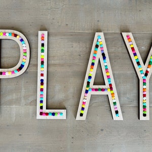 Pom Pom Play word sign, Colorful playroom sign, Pom Pom Letters for play room, wooden pom pom letters