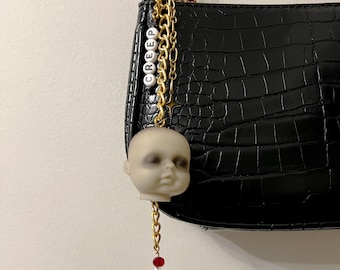 Doll Parts Bag Charm, Creepy Bleeding Doll Head Keychain, Halloween Horror Accessory