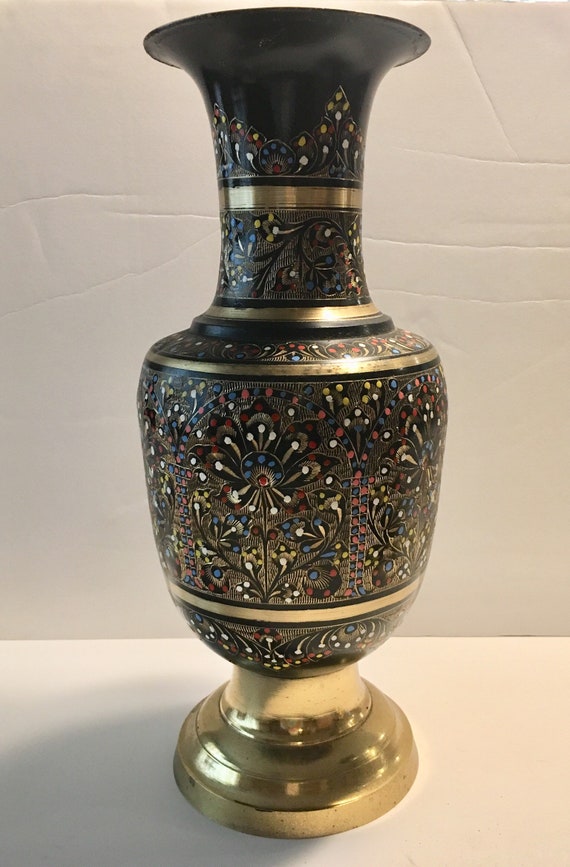 Large Vintage Brass Hand Painted Etched Vase
