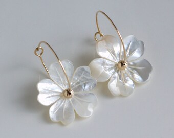 White Mother of Pearl Flower Hoop Earrings, Bridal Earrings, Gold Filled/Sterling Sliver Hoop Earrings