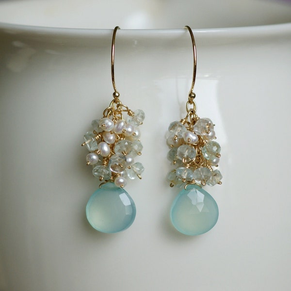 Aqua chalcedony, Aquamarine, Pearl Dangle Earrings, Gemstone cluster Earrings, Multi gemstone Earring