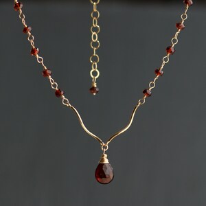 Garnet Pear Drop Pendant Necklace: 14k Gold Filled Chain, Birthstone Jewelry