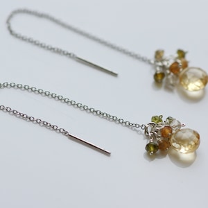 Citrine threader Earrings, Tourmaline threader Earrings, Gemstone cluster Earrings, Dainty Earrings