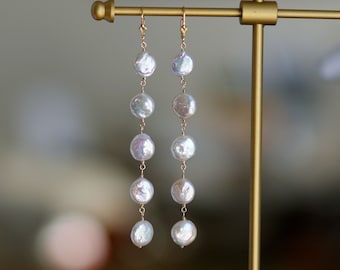 Metallic Luster coin Pearl Long Earrings, Bridal Bride Bridesmaid Jewelry June Birthday, Baroque pearl Gold filled Leverback Earrings