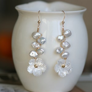 White mother of pearl flower Keshi Pearl Long Earrings, Wedding Jewelry