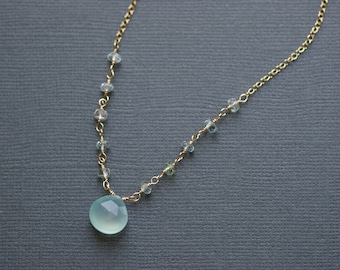 Aqua Chalcedony necklace, With aquamarine gold filled Necklace, Dainty Layered, Heart Briolette Gemstone Necklace