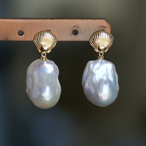White Flame ball Pearl Earrings, Gold seashell Stud Earrings, Large Baroque Pearl drop Earrings