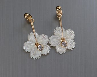 Mother of Pearl Carved Flower Earrings, Long Dangle Earrings, Stud Drop, Dainty Shell Floral Jewelry