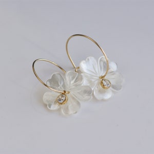 Gold Filled Hoop Earrings, White Mother of Pearl Flower Hoop Earrings, Gold Filled Earrings ,Flower Hoops, Bridal Earrings