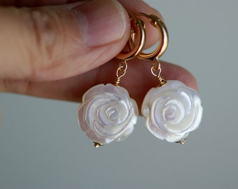 white mother of pearl rose gold filled hoop Earrings, Flower Earrings, Sea Shell Huggies