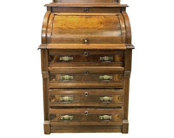 Antique Tall Cylinder Roll-Top Desk, 19th c. Victorian, Solid Wood, Removable Top Shelf