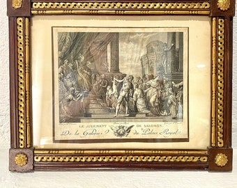 Antieke Franse kunstgravure: sierlijke vergulde ingelijste 'Le Judgment De Salomon-print' van Veronese