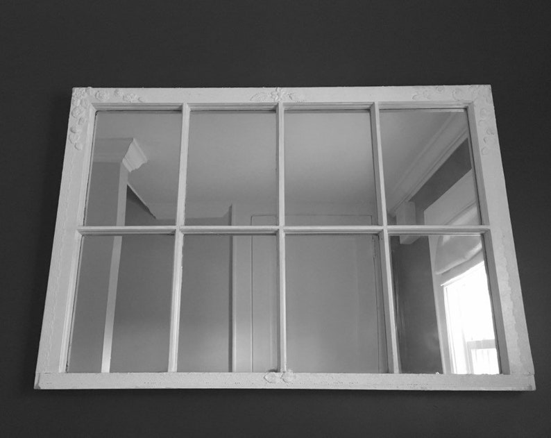 White Mirrored Window Frame With Roses Shabby Chic Mirror Antique Sash Farmhouse Old Windows Handmade Painted