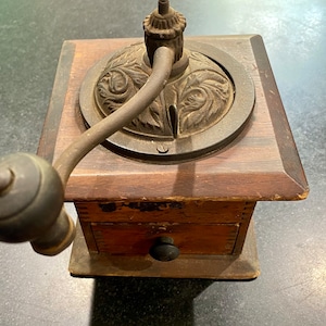 Antique Coffee Mill Handmade Wood and Cast Iron | Coffee Grinder | Flax Seed Mill