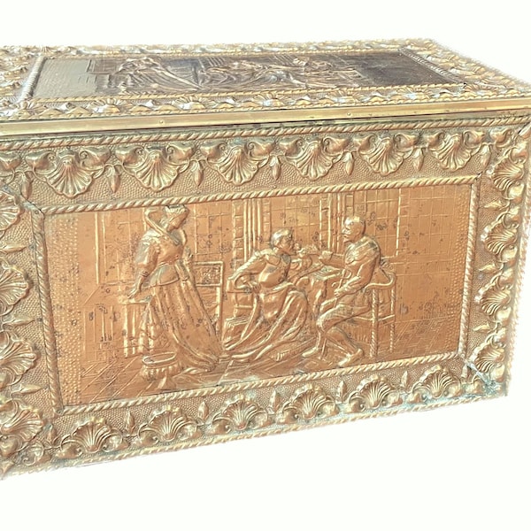 Dutch Brass and Copper Repoussé Storage  Box  | Antique Fireside Log Box