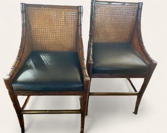 Pair of Black Leather and Caned Chairs, Palm Beach Style