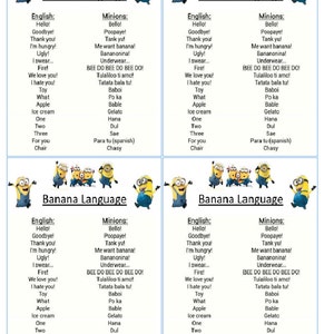 Minion Despicable me inspired idea for kids birthday Party decoration Banana Language PRINTABLE Instant Download print 4 per page favor