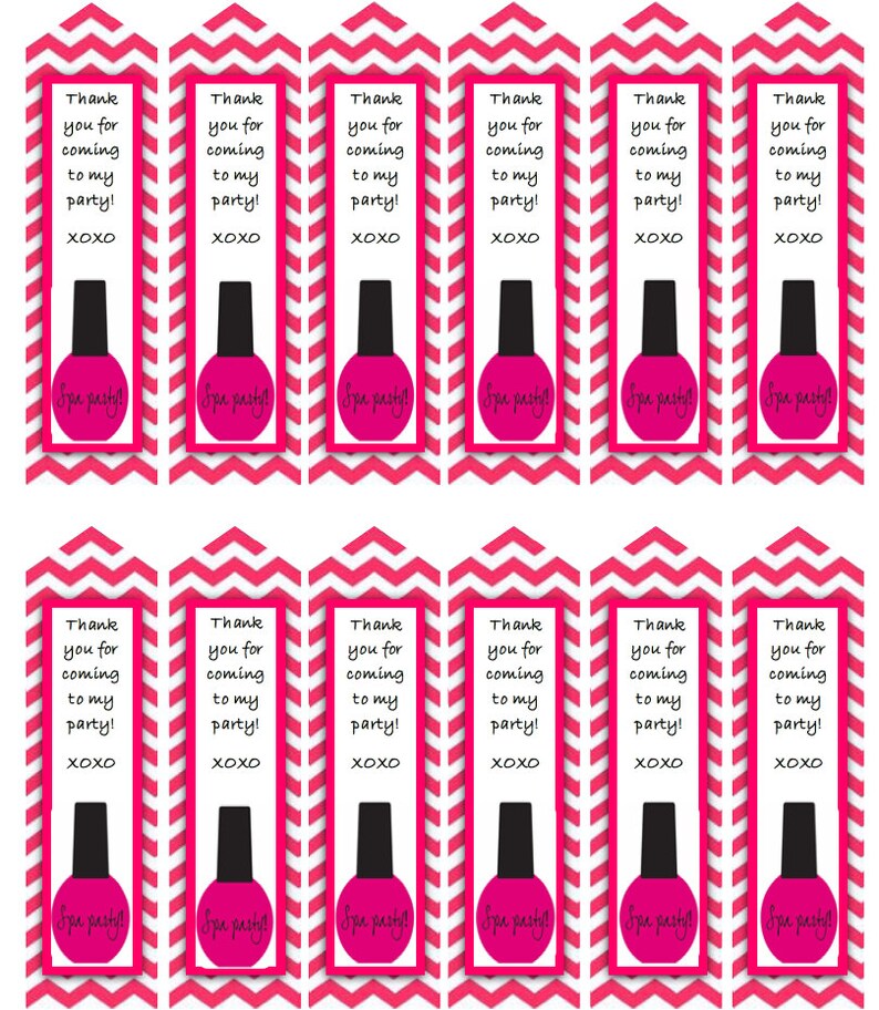 May include: A collection of pink and white chevron-patterned party favor tags. Each tag features a pink nail polish bottle graphic and the text "Thank you for coming to my party!" with "XOXO" at the bottom.