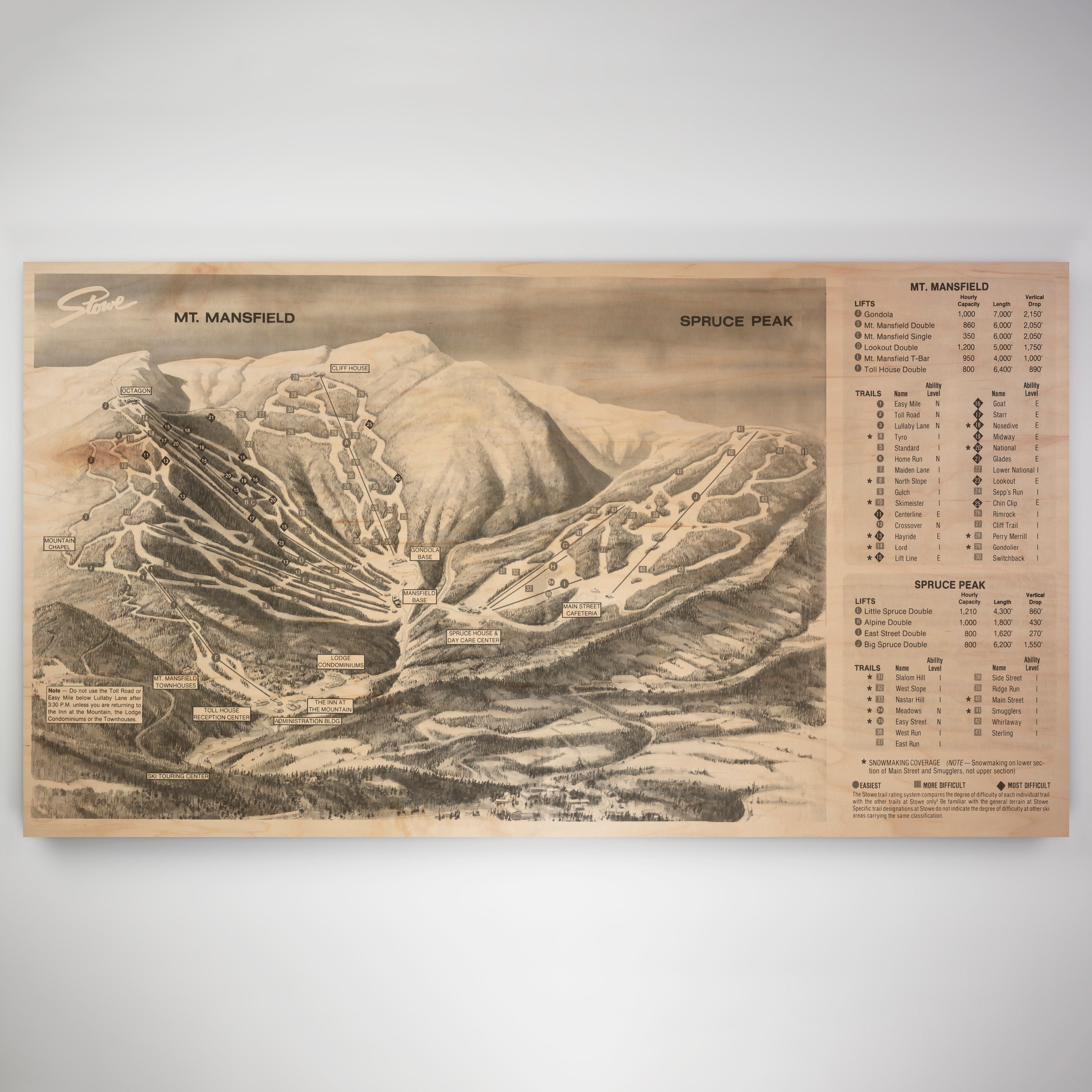 Stowe Resort Licensed Trail Map - Large Maple Wood Print 30