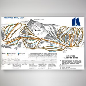 Kirkwood Resort Licensed Trail Map  - Medium Canvas Print 22&quot; x 40&quot; - Vintage 1976
