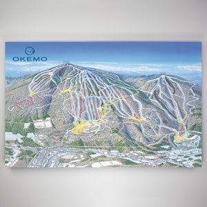 May include: A detailed aerial map of the Okemo Mountain Resort ski area. The map shows the layout of the ski trails, lifts, and other amenities. The map is printed in a colorful style with blue, green, yellow, and red lines.