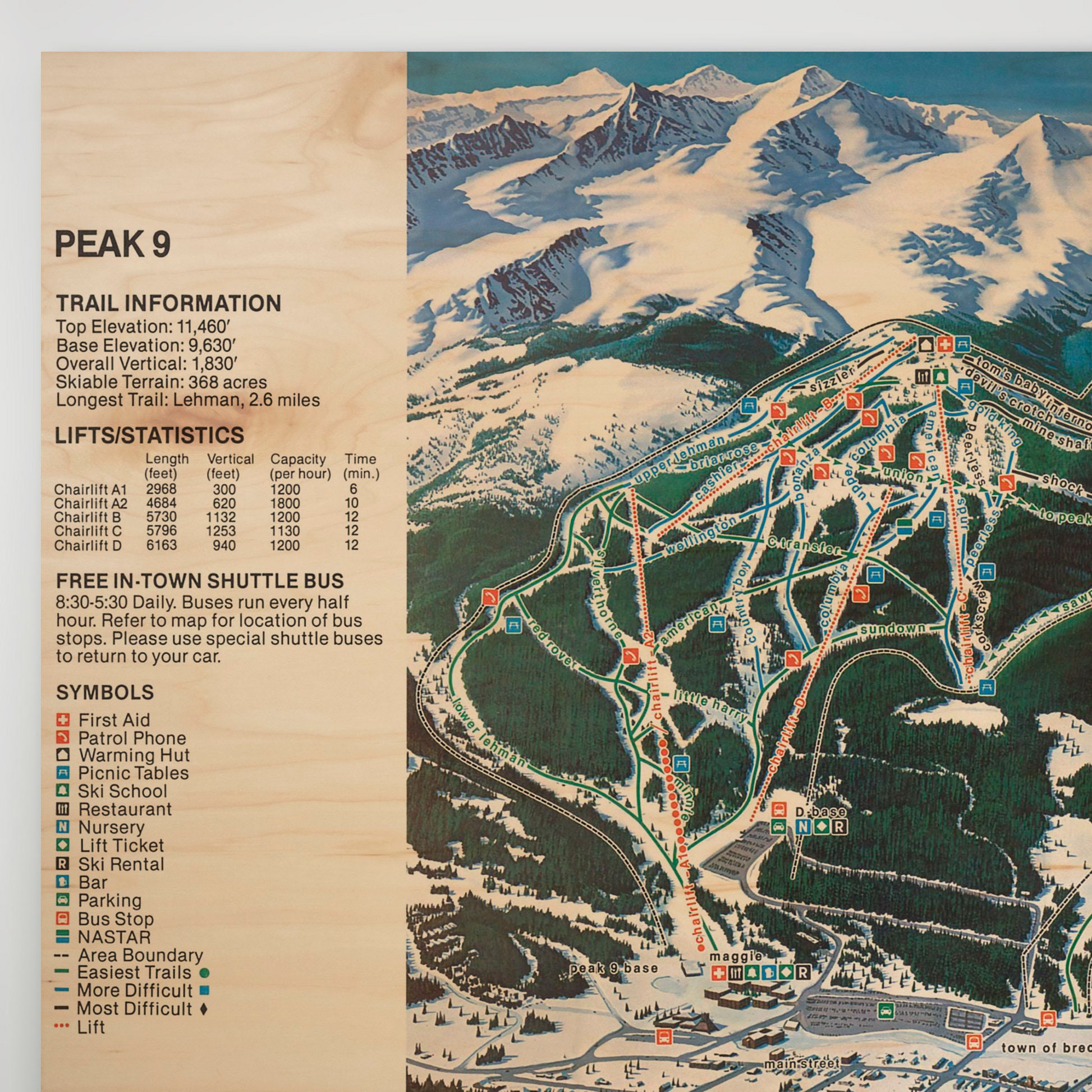 Breckenridge Resort Licensed Trail Map Large Maple Wood Print 32" X