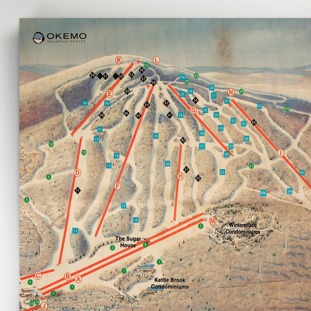 Okemo Resort Licensed Trail Map Large Maple Wood Print 32 X 48 Vintage