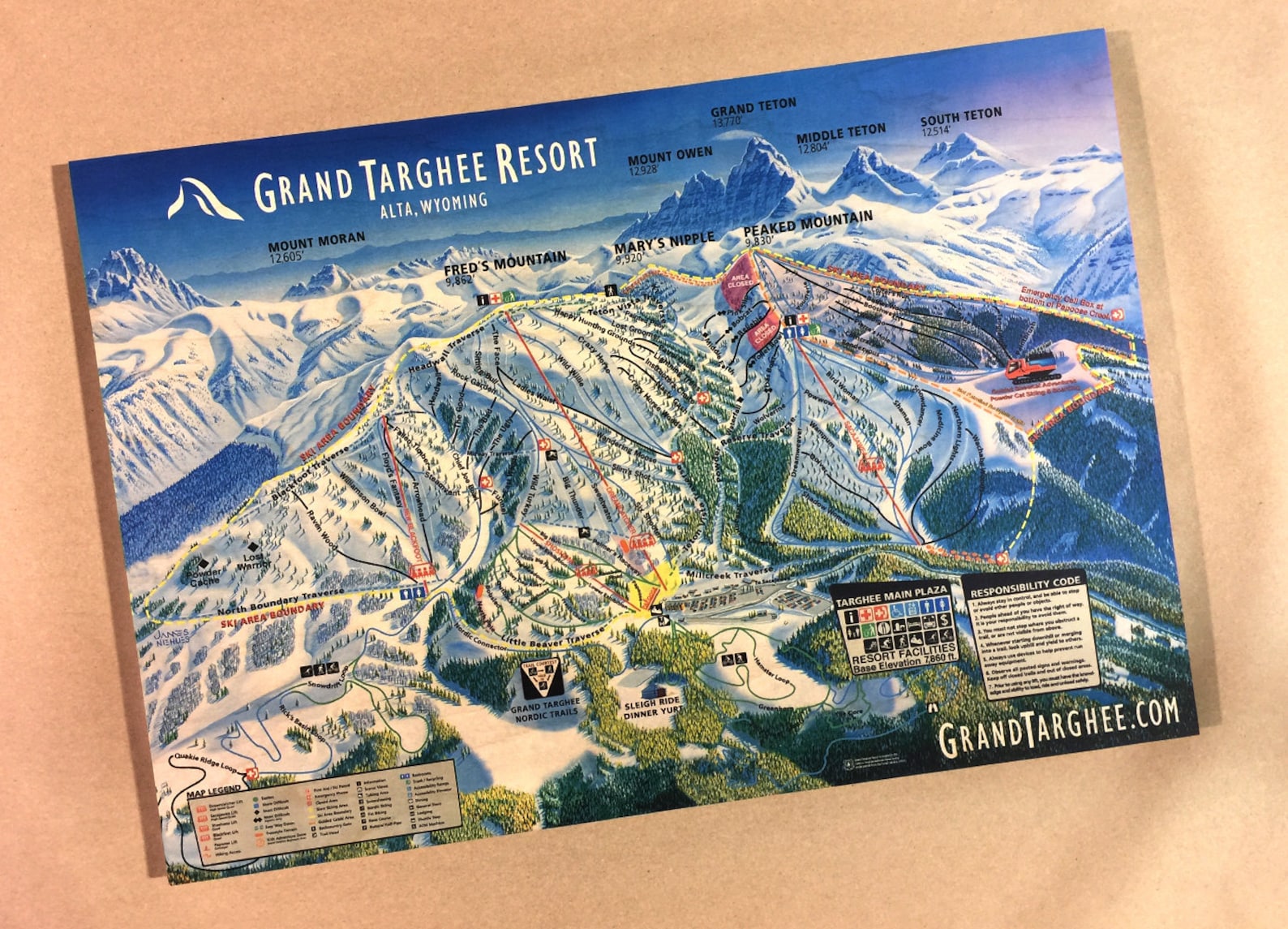 Grand Targhee Resort Licensed Trail Map Large Maple Wood Etsy