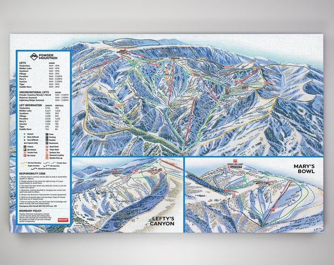 Powder Mountain Printable Ski Map, Powder Mountain Trail Map 16x20