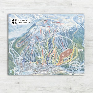 May include: A detailed map of Copper Mountain ski resort in Colorado. The map shows the layout of the ski runs, lifts, and other amenities. The map is printed on a white background with blue, red, and green lines and text.